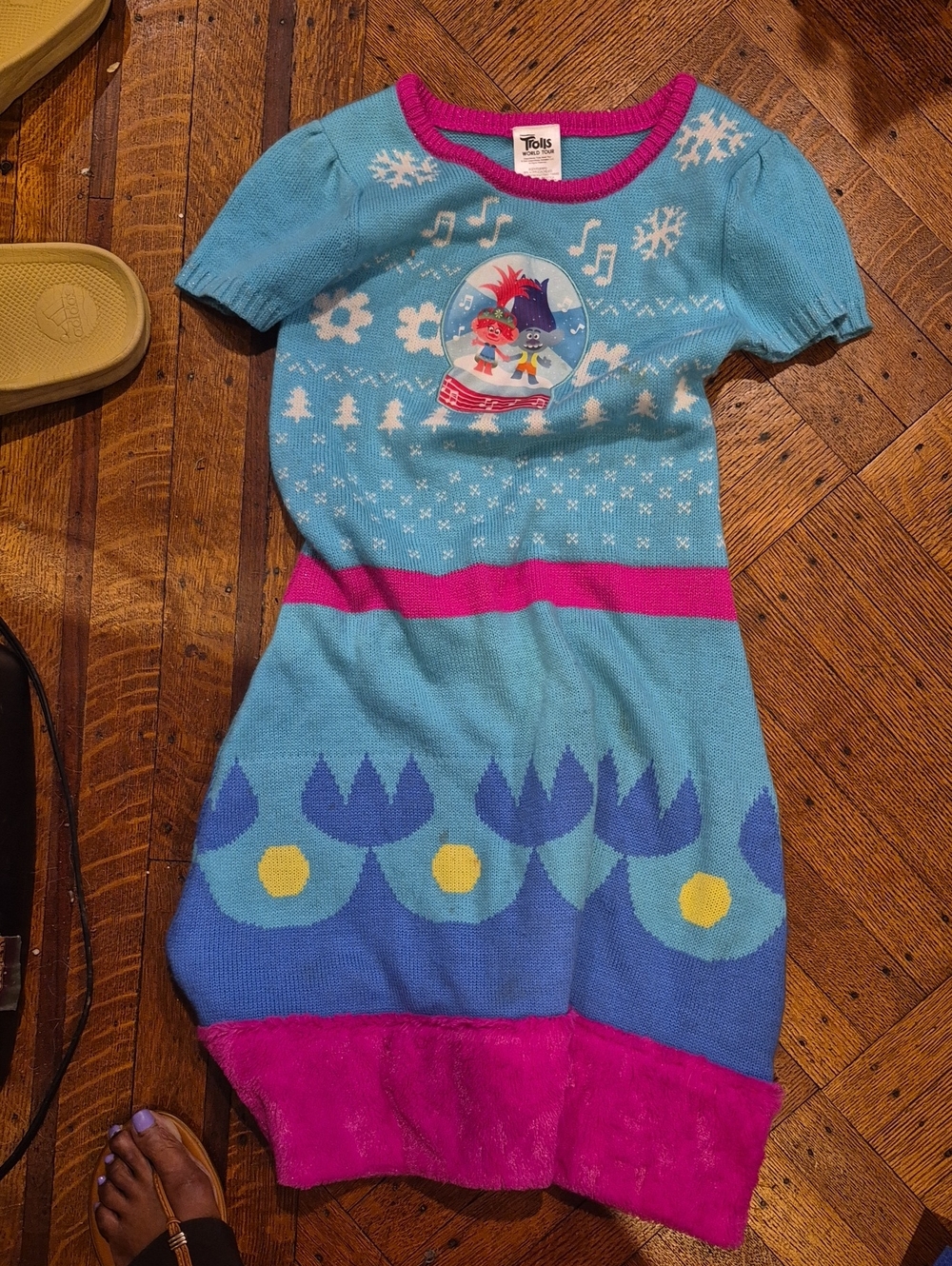 Trolls Blue Knit Short Sleeve Dress with Pink Accents